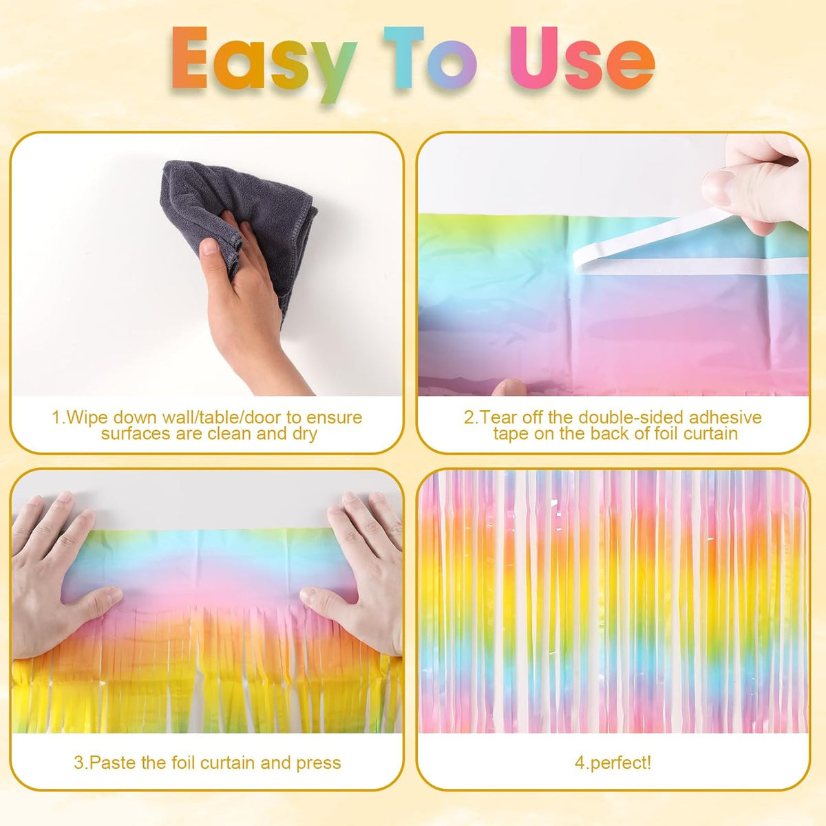 3 Pack 3.3 x 8.2 ft Pastel Rainbow Foil Fringe Backdrop Curtains, Tinsel Streamers Birthday Party