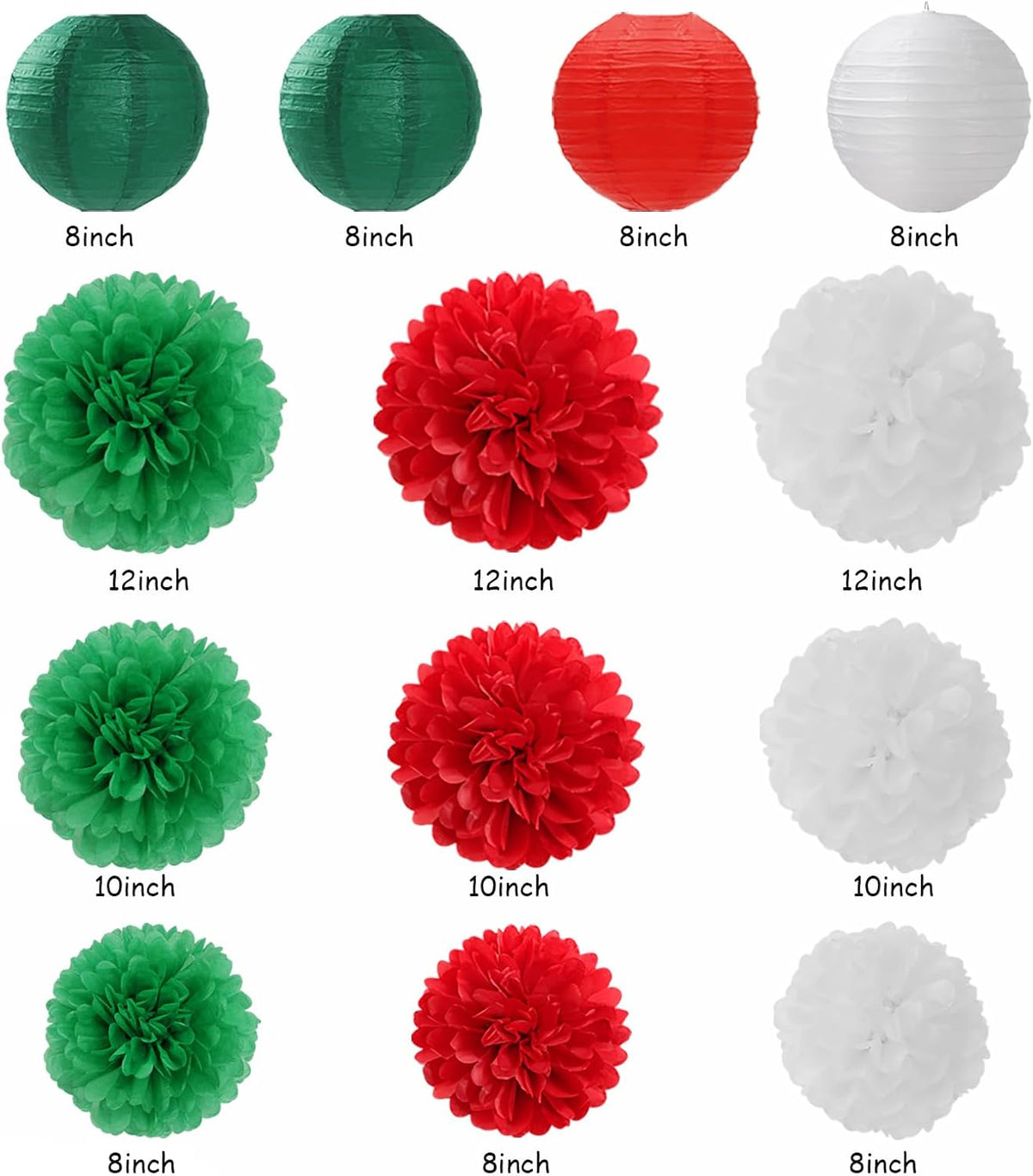 Red Green-White Christmas Party Decorations - 20pcs Mexican Italian Paper Lanterns Fans,Tissue Pom