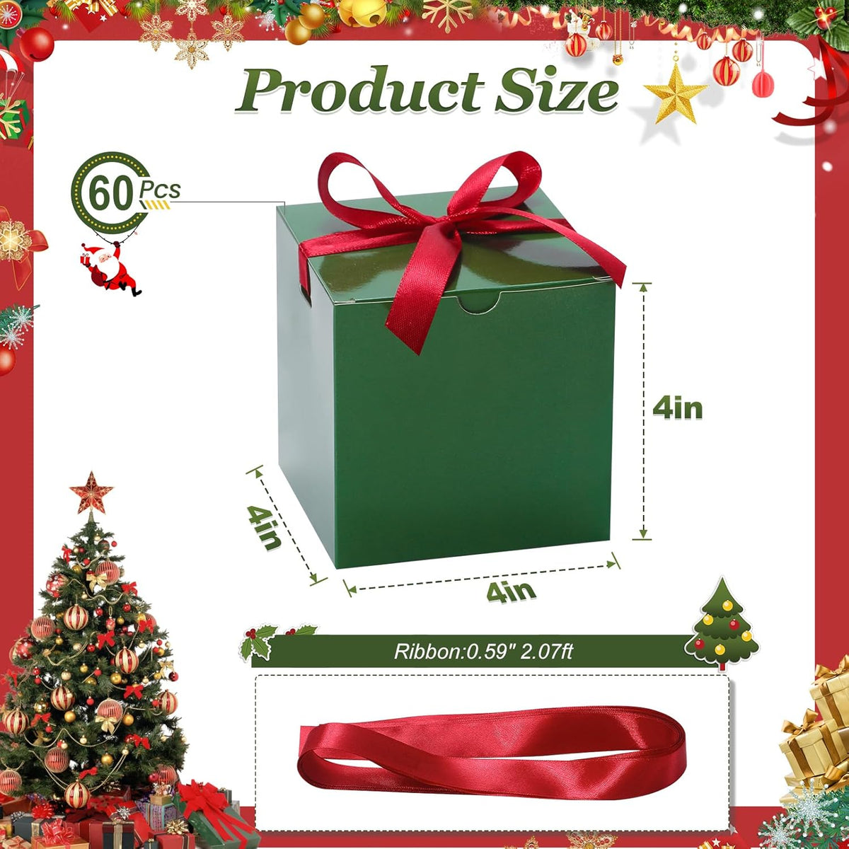 DOYIDE Small Gift Boxes, 60 Pcs 4x4x4 Inch Green Elegant Paper Box with Ribbons, Party Favor Boxes