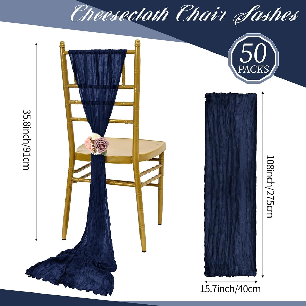 50 PCS Cheesecloth Chair Sashes, Bows Designed ChairSashes, 15.7x108 inch Chair Sashes for Aisle