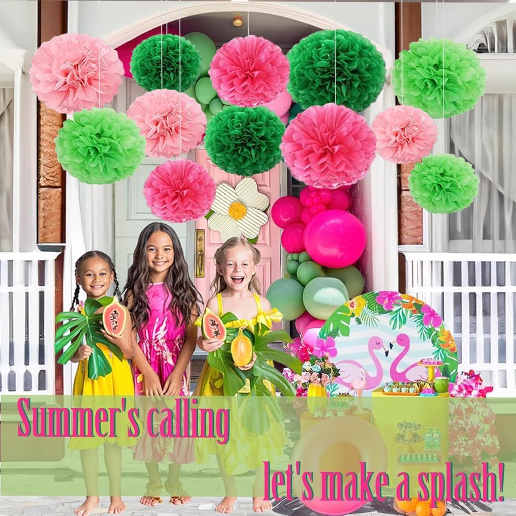 Capesaro Pink and Green 12PCS Paper Pom Poms Party Decorations for Girl Birthday Party Summer