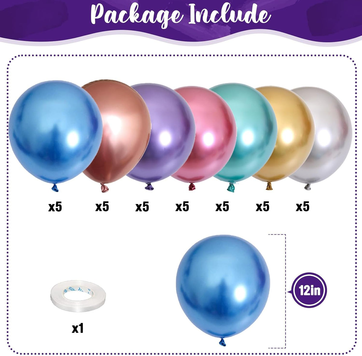 Metallic Balloons, 12 Inch Rainbow Chrome Balloons, 35Pcs Assorted Colors Multicolor Metallic