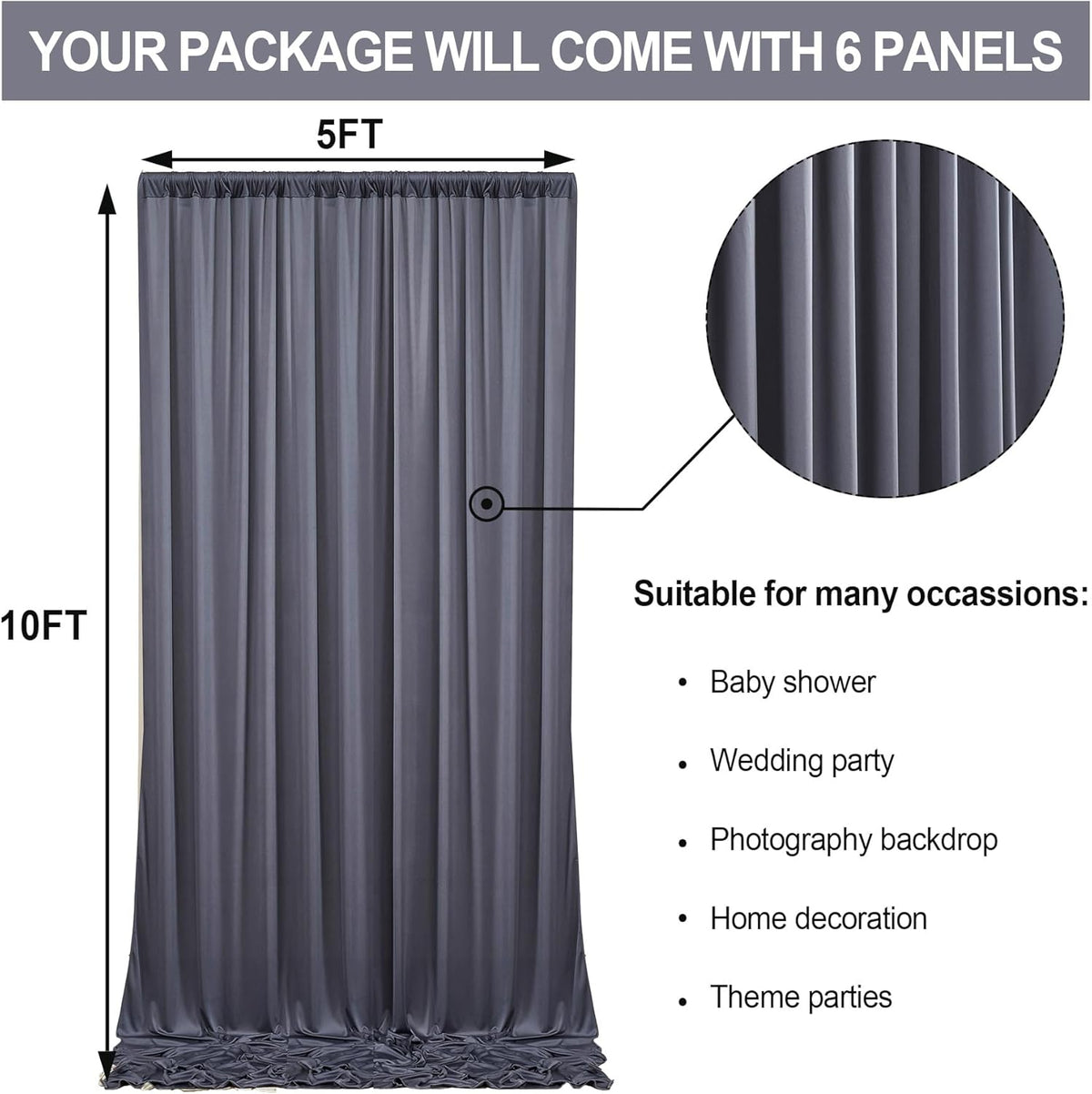 30 ft x 10 ft Wrinkle Free Charcoal Backdrop Curtain for Parties, Dark Grey Polyester Photo
