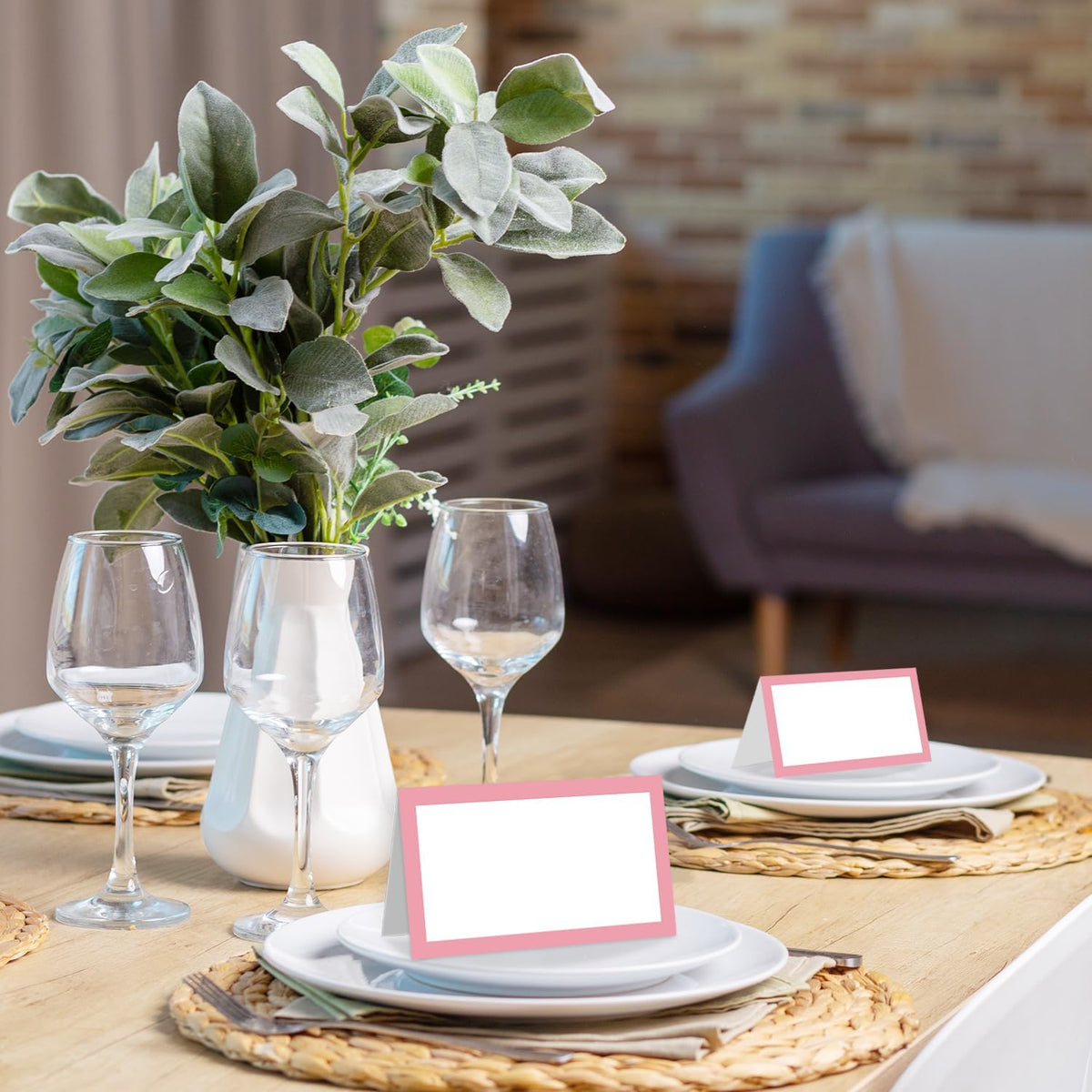 25 Pack Blush Pink Border Place Cards, Editable Name Cards for Table Setting, Tent Cards Food Label