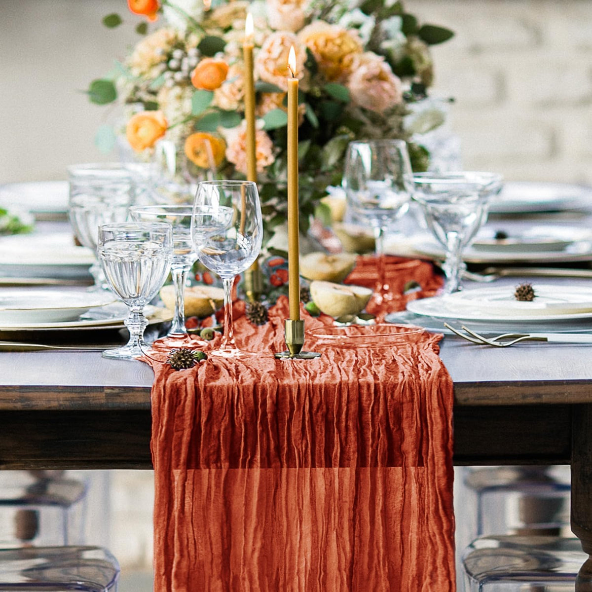 Hahuho Terracotta Cheesecloth Table Runner 10ft, Gauze Boho Rustic Table Runners for Wedding