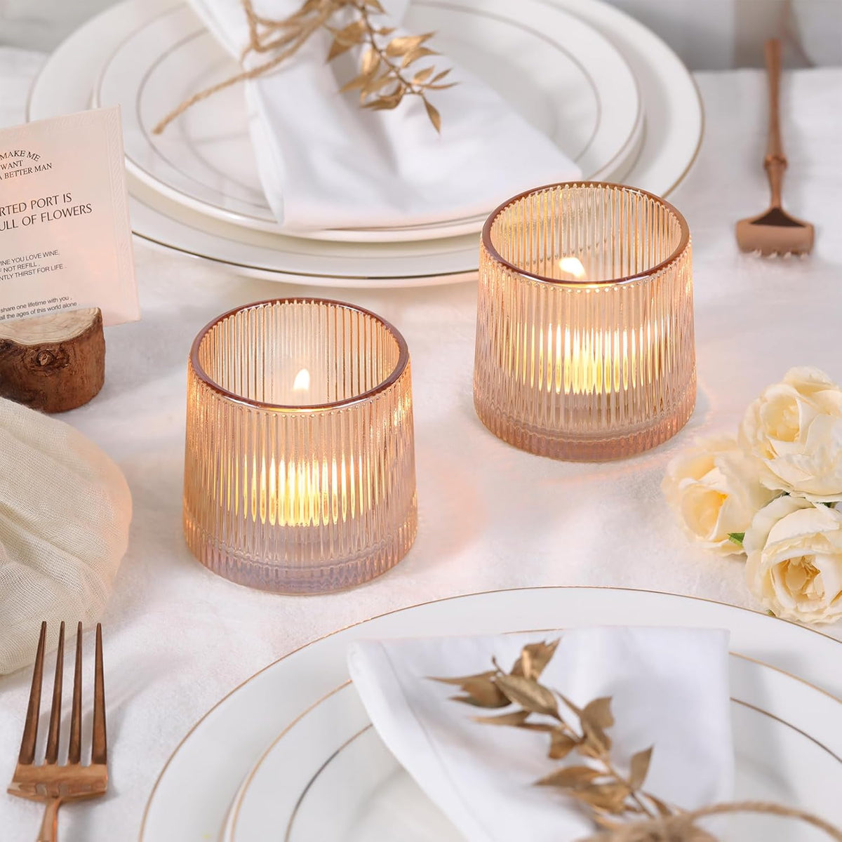 DARJEN Gold Ribbed Tealight Votive Candle Holders Set of 10- Tea Light Candle Holders Glass for