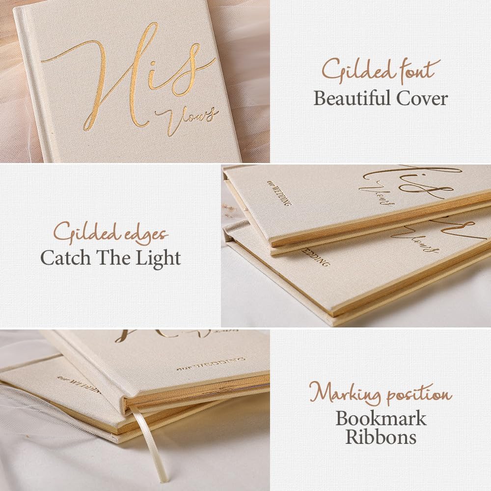 Vow Books His and Hers 2 Pack - 6 x 4 Inch Linen Hardcover Wedding Vow Books with Gold Foil