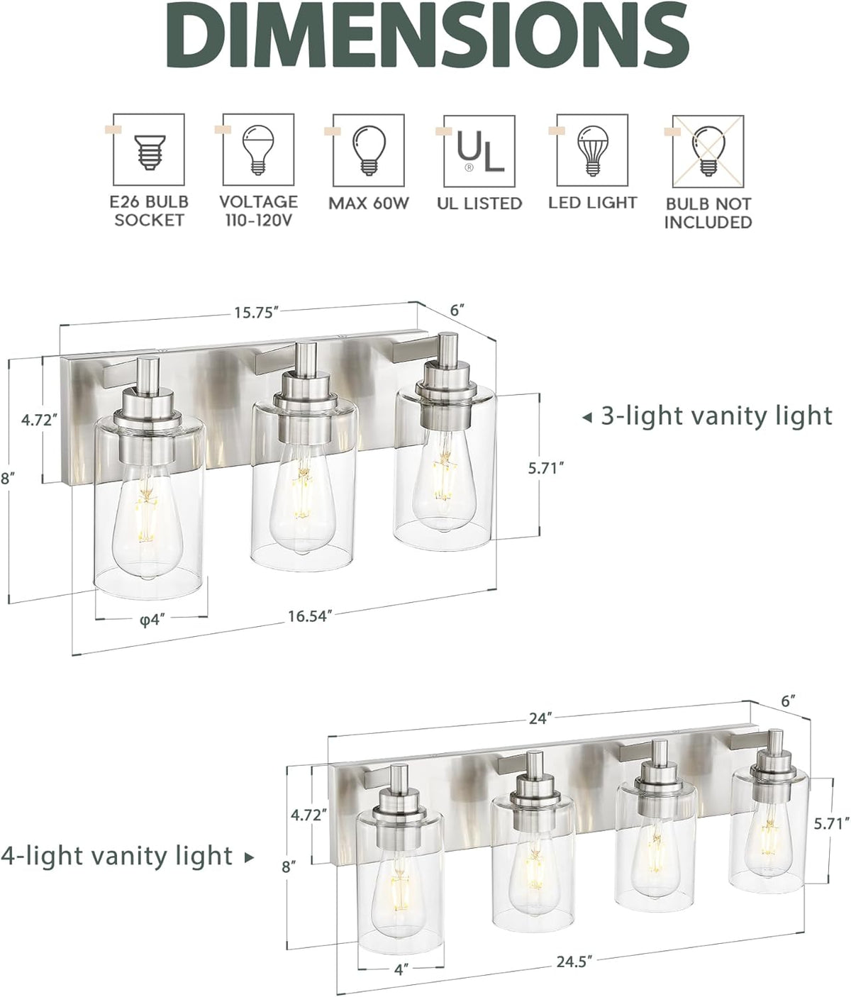3-Light Bathroom Light Fixtures, Brushed Nickel Vanity Light with Cylinder Clear Glass Shade