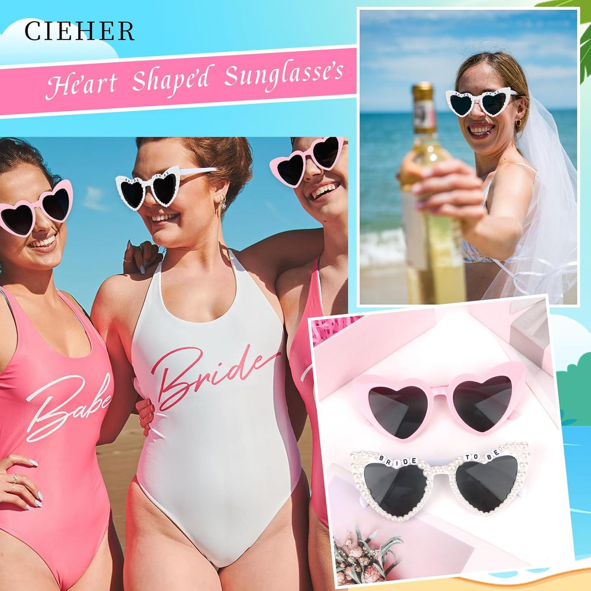 CIEHER Bachelorette Party Favors - White Black Heart Sunglasses for Bride Bridesmaid