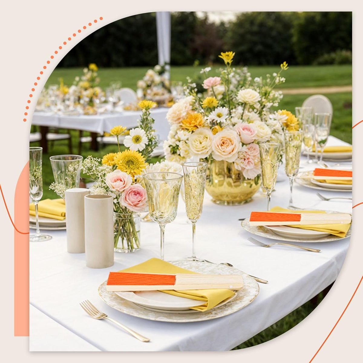JOHOUSE 12 Packs Paper Folding Hand Fans, 8.3 Inch Orange Paper Fans Handheld Decorative