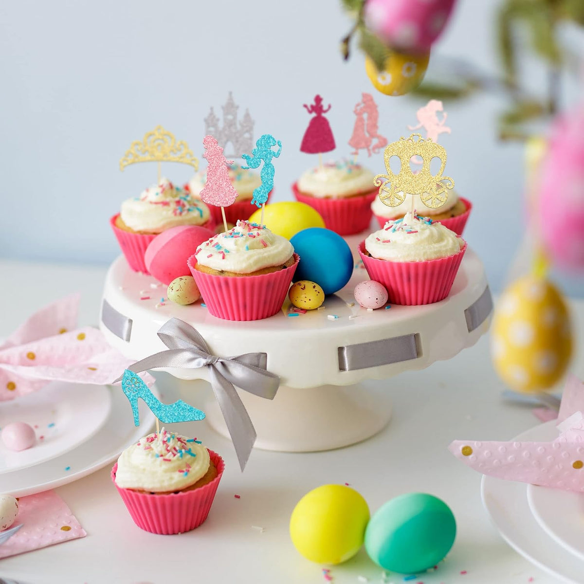 Gyufise 36Pcs Princess Cupcake Toppers Colorful Glitter Mermaid Girl Castle Carriage High Heel