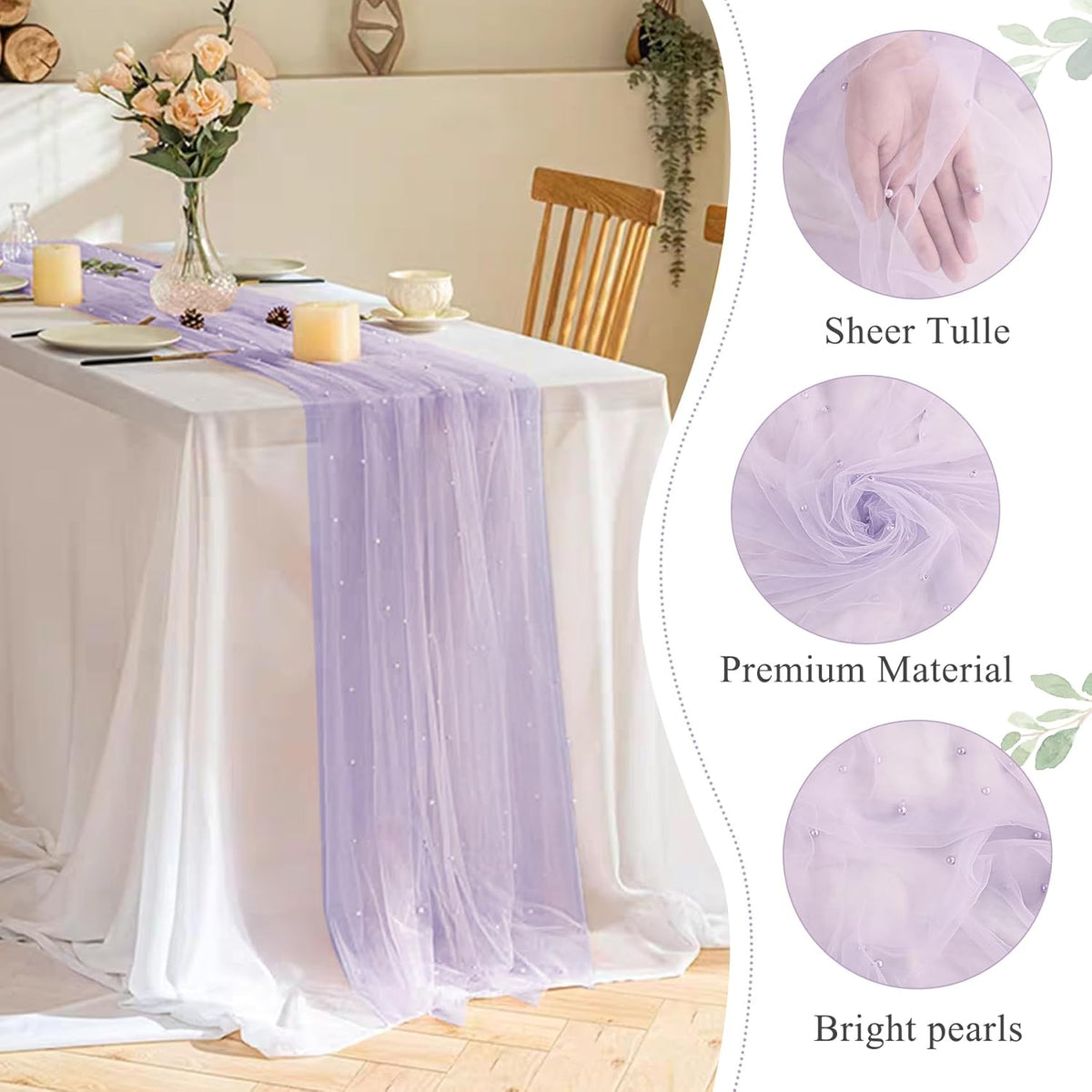 Pearl Table Runner 29 x 120 Inch Tulle Fabric Lace Table Runners Boho Rustic Tablecloth for Bridal