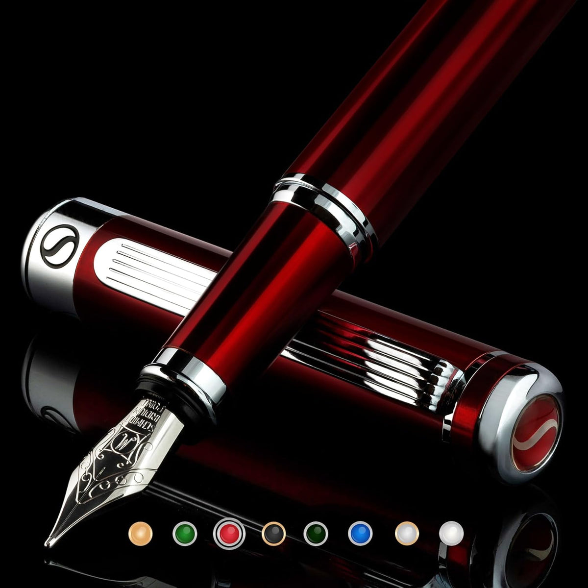 Scriveiner Deep Crimson Red Fountain Pen - Stunning Luxury Pen with Chrome Finish, Schmidt Nib