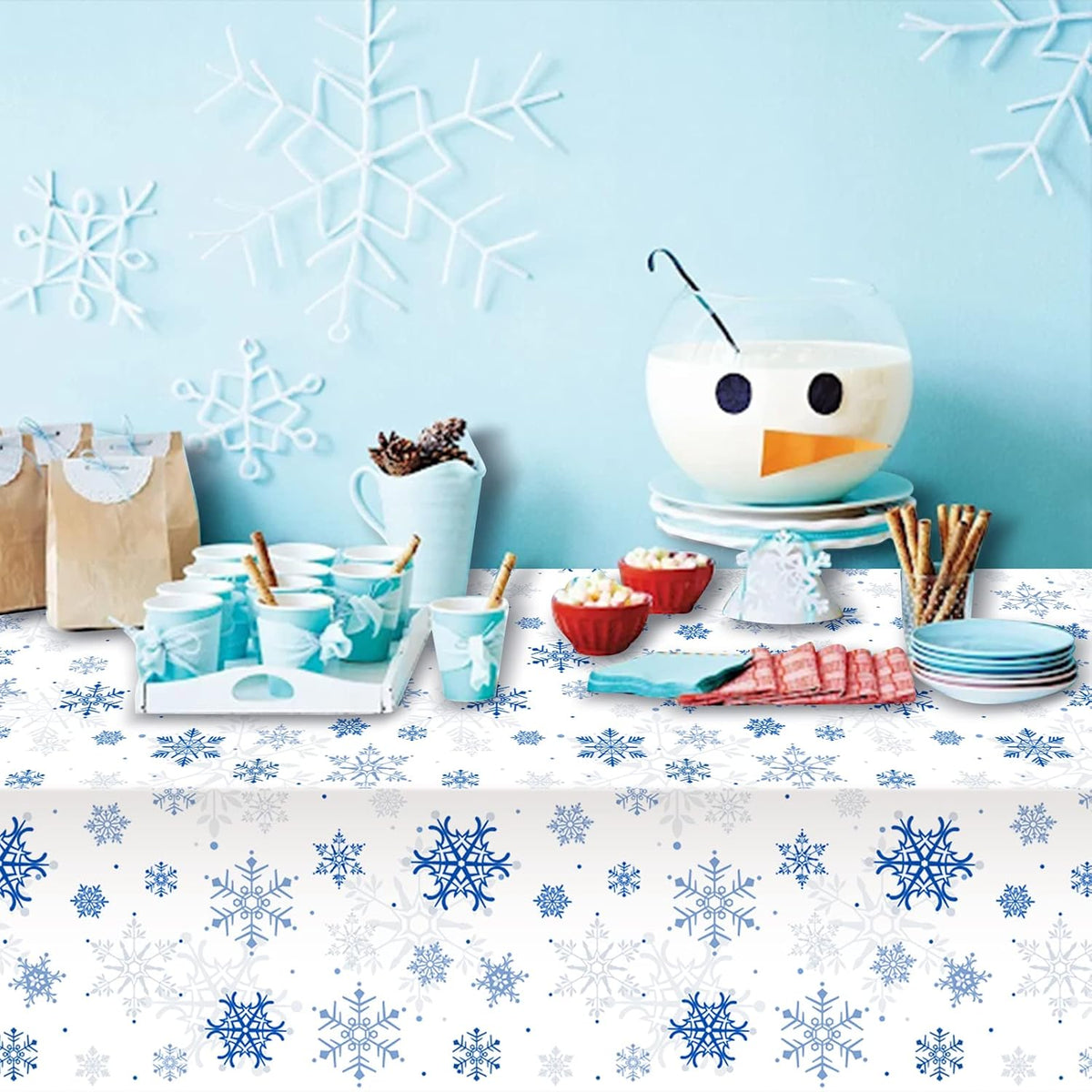 12 Pieces Snowflake Christmas Party Tablecloth Decorations,Plastic White Snowflake White Blue Xmas