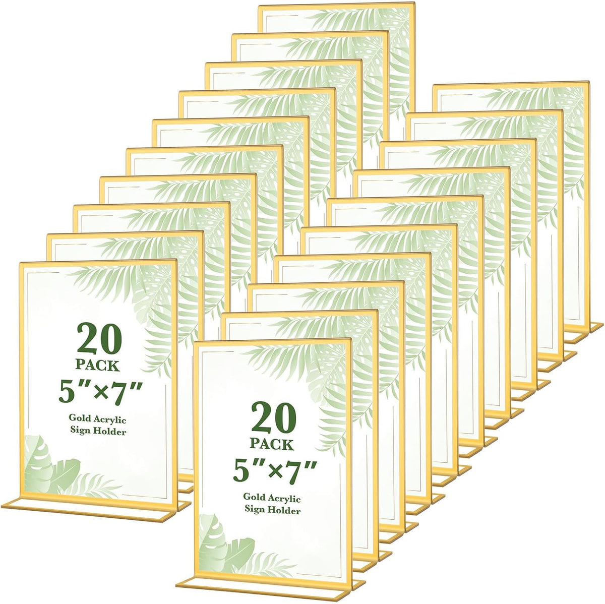 20 Pack Gold Acrylic Sign Holders 5x7 Inch, Double Sided Vertical Stand Clear Picture Frames, Table