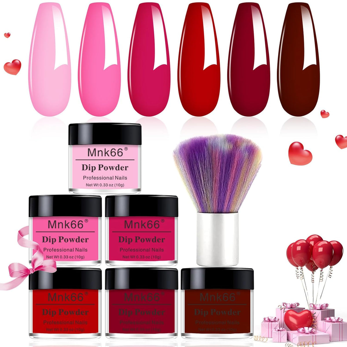 6 Colors Dip Powder Set, Hot Pink Red Dipping Powder Color Set, Glossy Nail Art Manicure DIY Salon