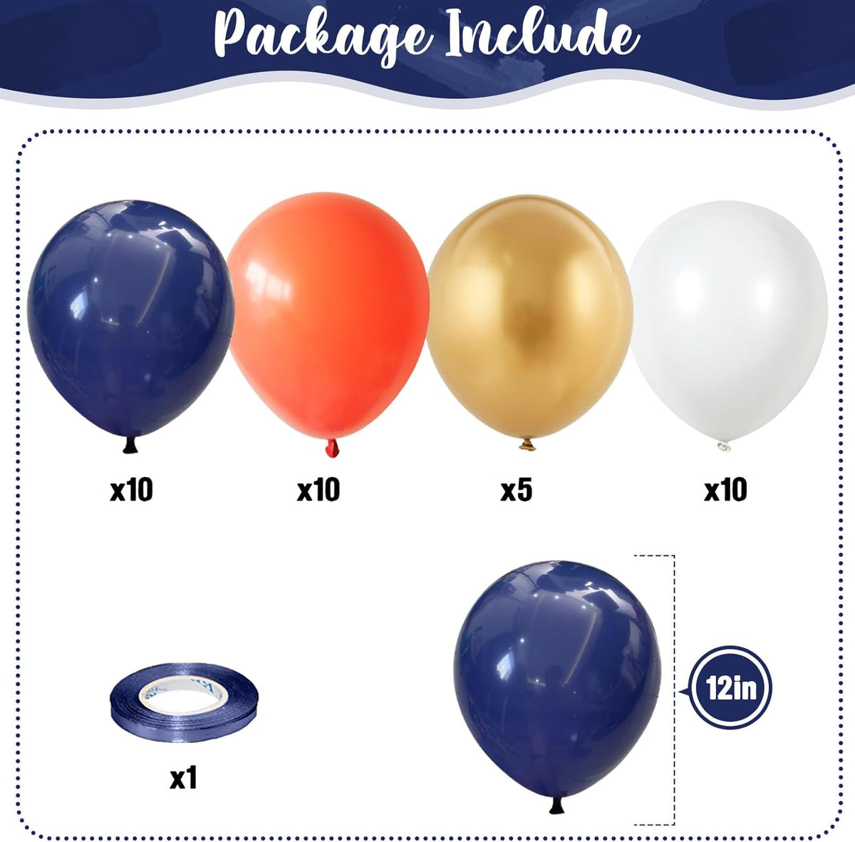 Navy Blue and Orange Balloons, Navy Metallic Orange White Latex Balloons Set, Dark Orange for Boys