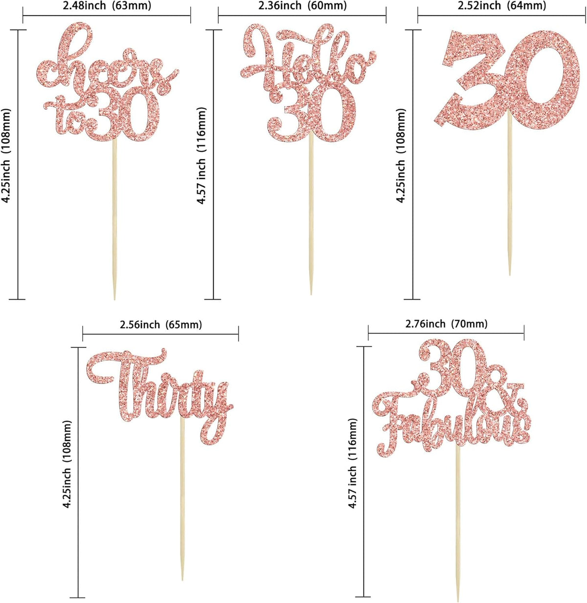 30Pcs Happy 30th Birthday Cupcake Toppers Rose Gold Glitter Thirty Cheers to 30 Birthday Cupcake