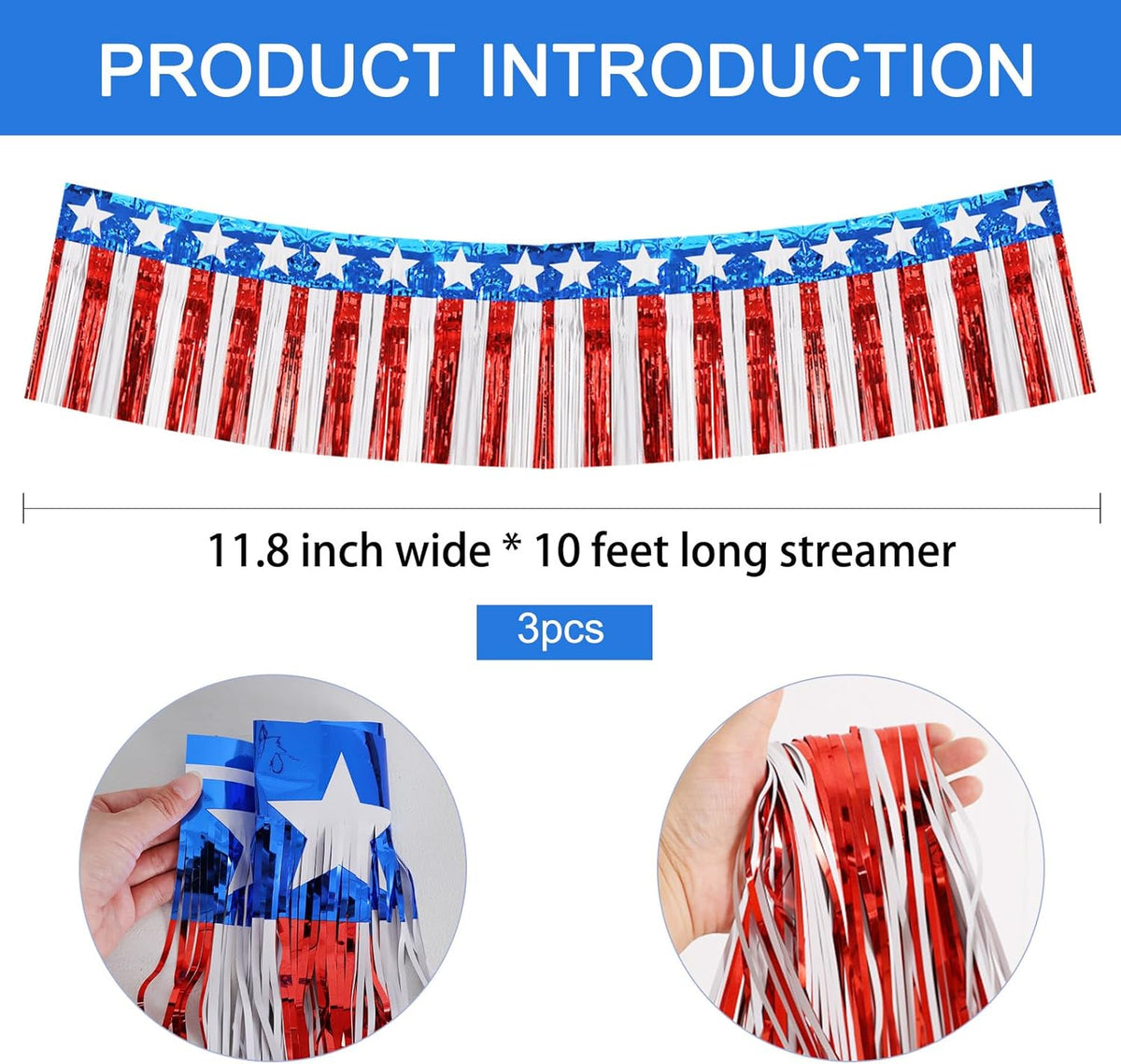 BEISHIDA 3 Packs Metallic Foil Fringe Garland Star Red White Blue Wall Hanging Tinsel Fringe