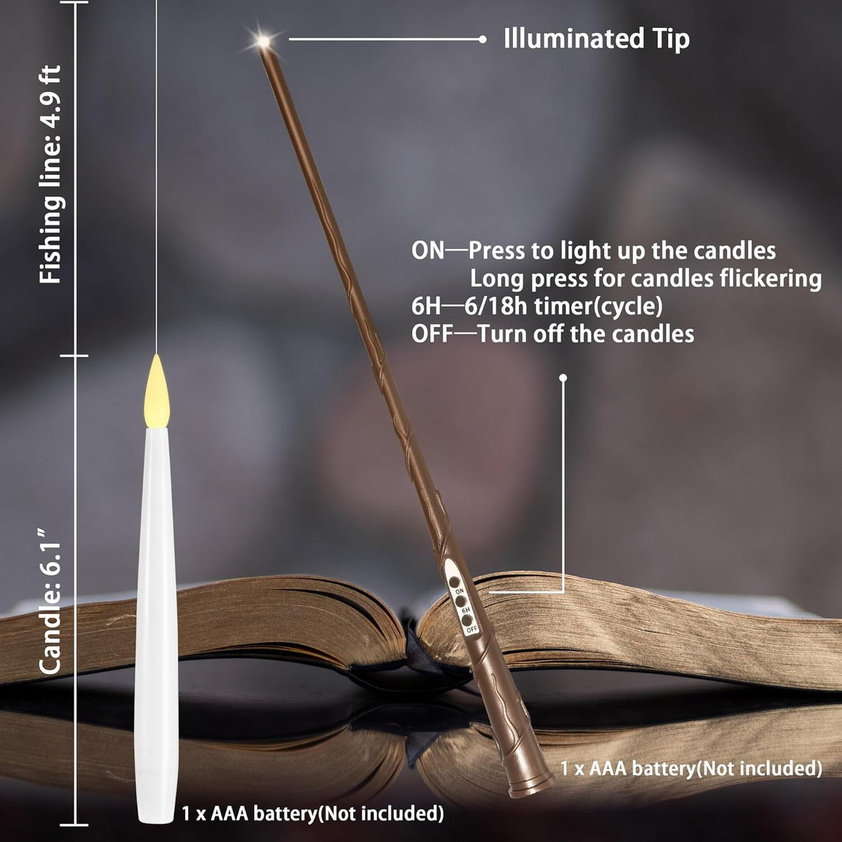 Floating Candles with Wand, 10 Pack Halloween Flameless Candles Battery Operated LED Taper Hanging