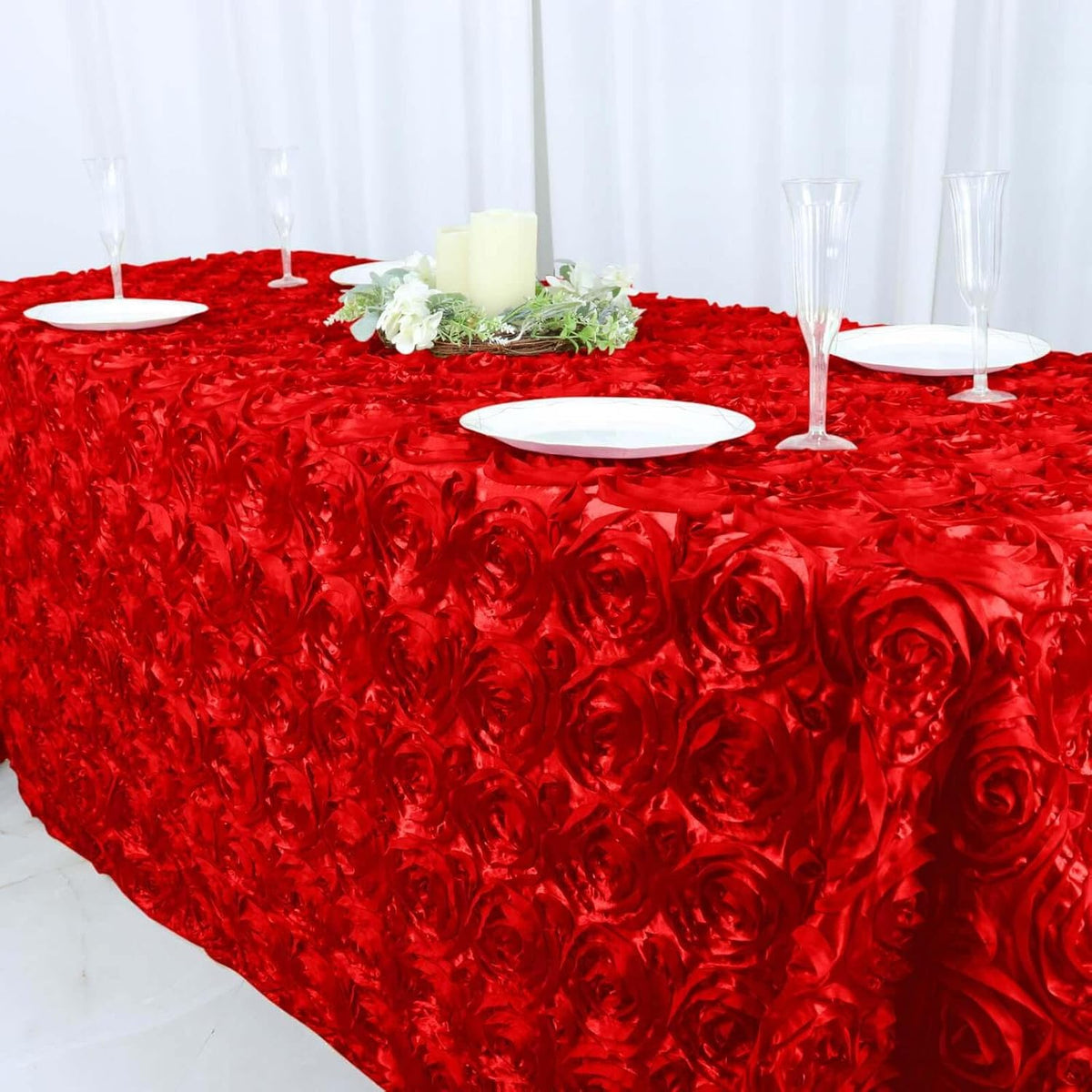 Efavormart 90"x132" Wholesale Rectangle Table Cover RED Grandiose Rosette 3D Satin Tablecloth for