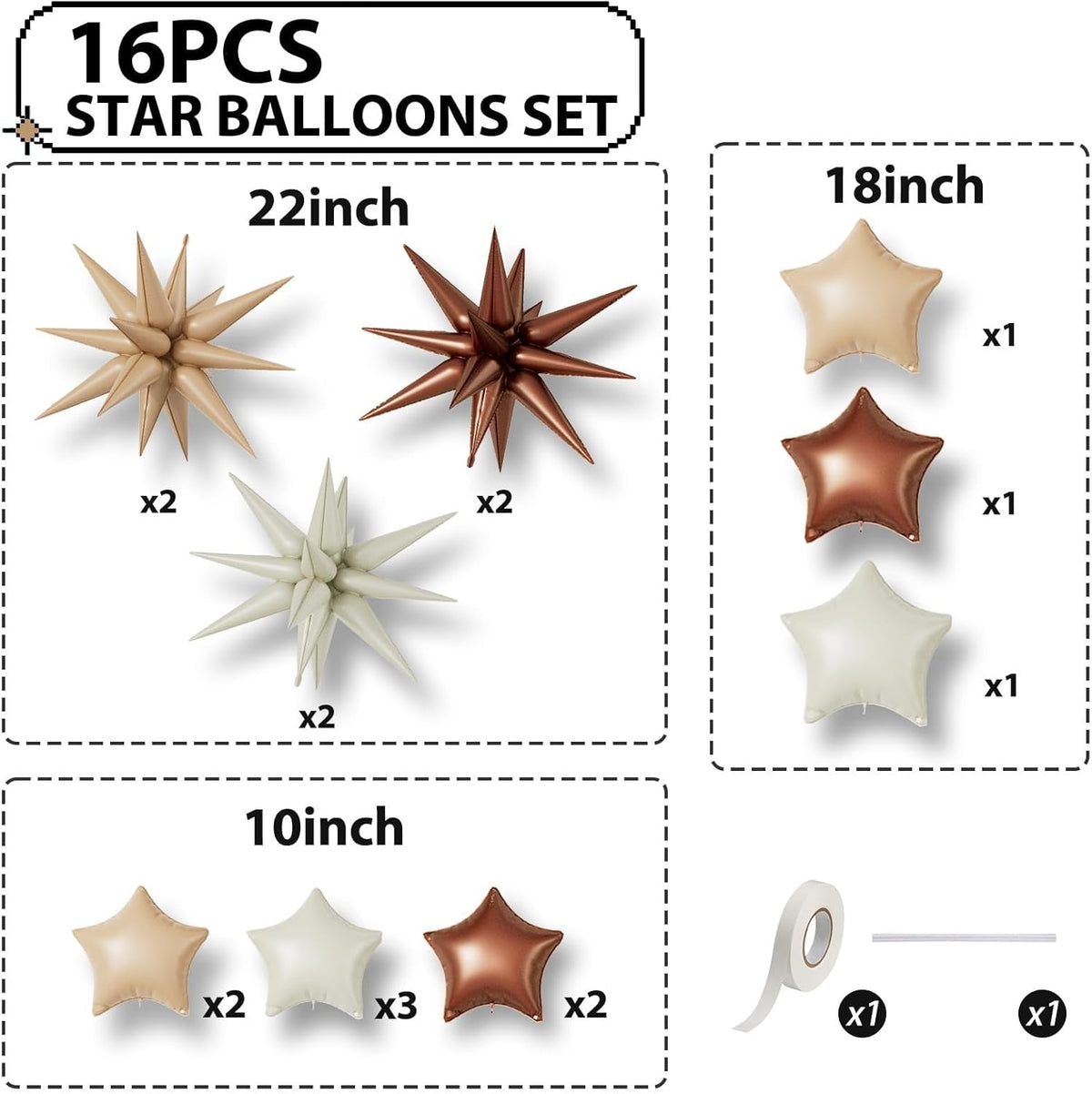 16 Pcs Cream Caramel Brown Star Balloons,22/18/10 Inch Foil Neutral Balloons, Balloon for Kids Girl