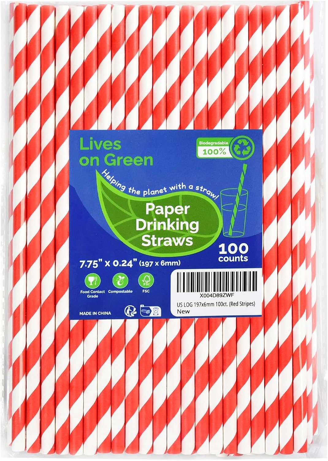 Disposable 7.75 inch Red White Striped Paper Straws Biodegradable 100 Counts - for Drinking