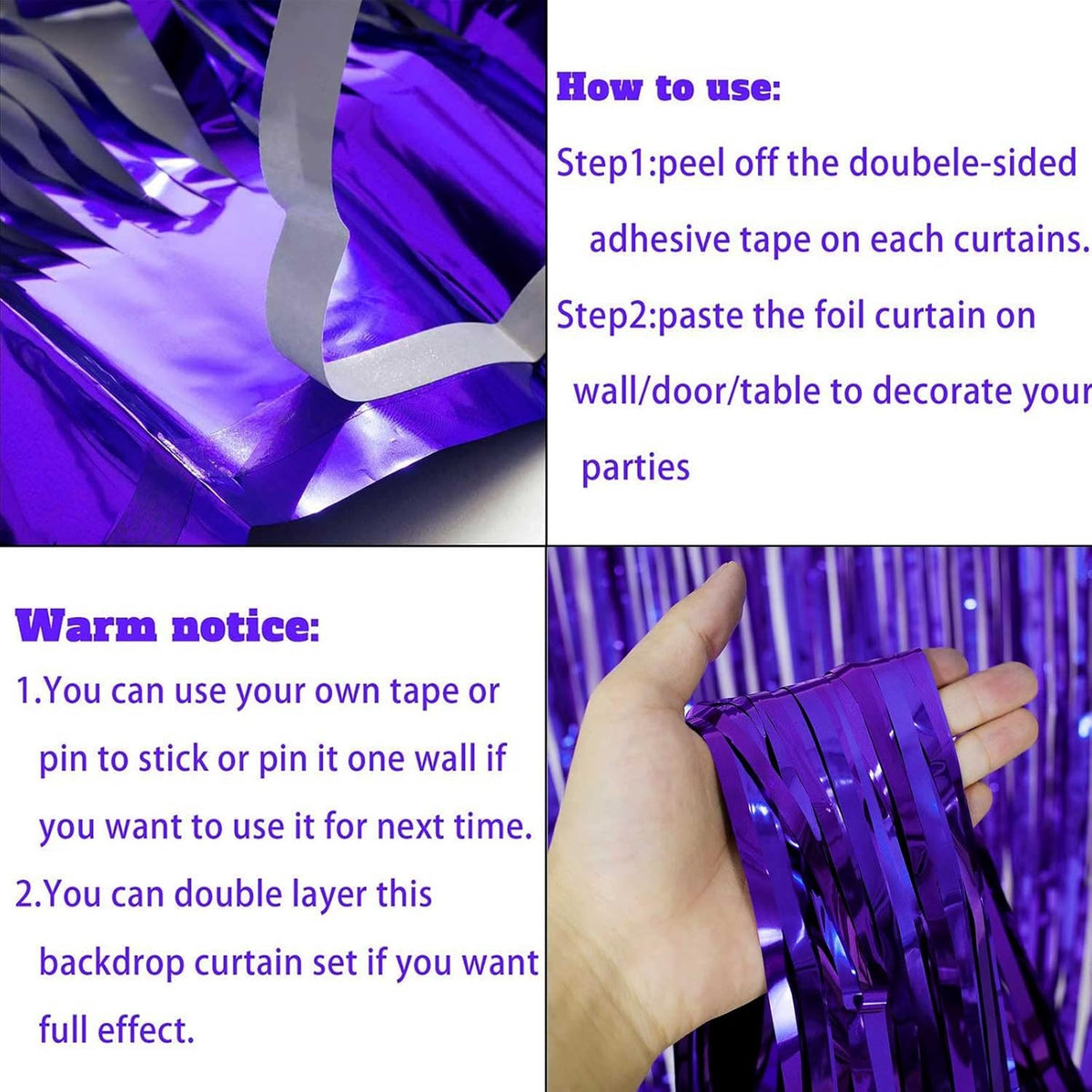 4 Pack Purple Foil Fringe Curtain Backdrop, 3.3Ft x 9.8Ft Metallic Tinsel Foil Fringe Streamers