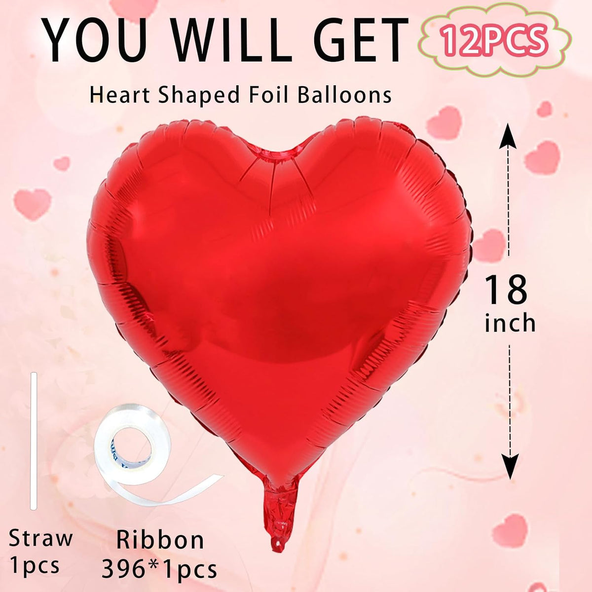Red Heart Ballloons,18 Inch Bright R Foil Love Heart Shaped Balloons 12Pcs Red love balloon for