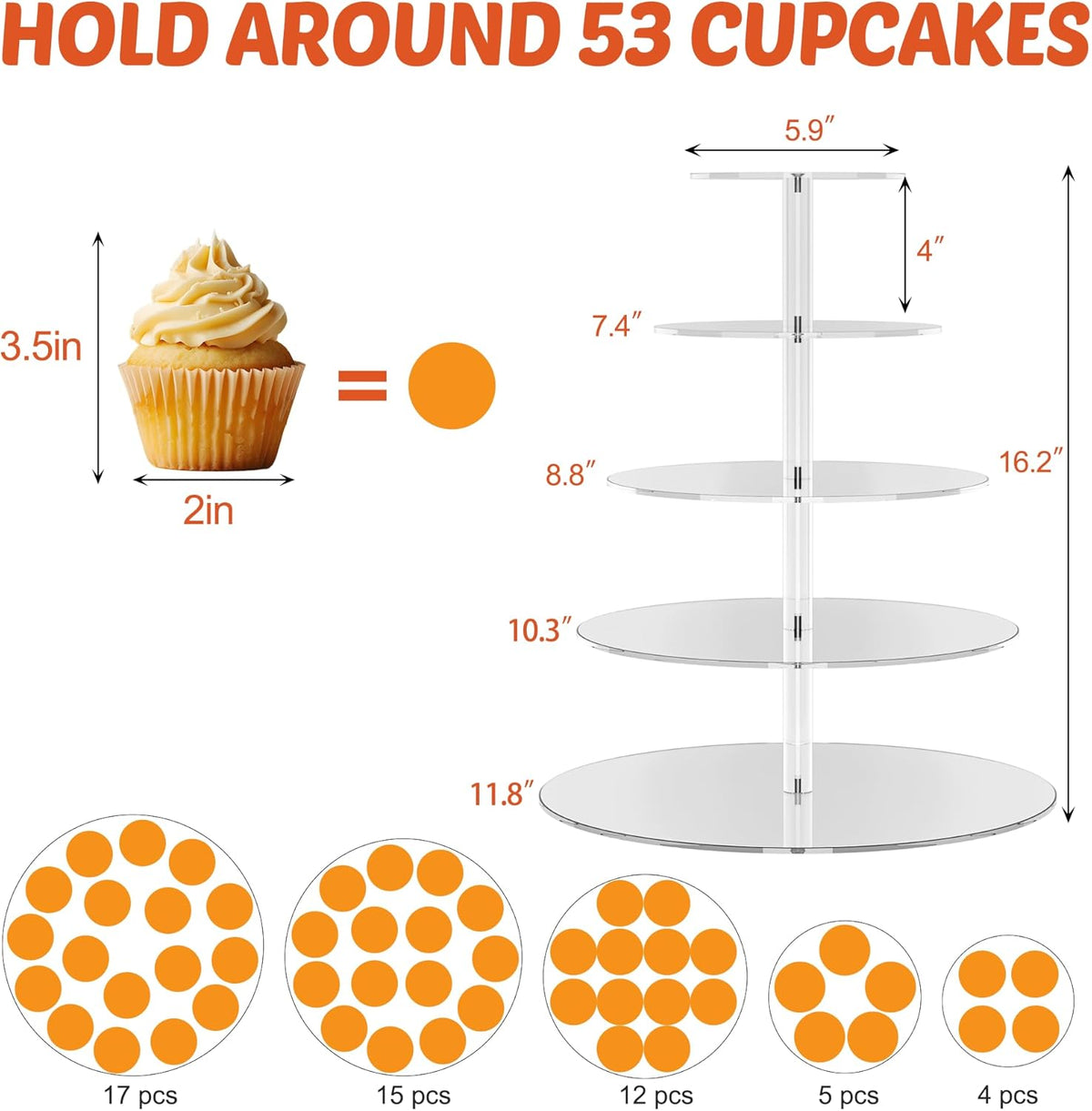 weddingwish 5 Tier Round Cupcake Stand for 50 Cupcakes, Acrylic Cupcake Display Stand, Clear