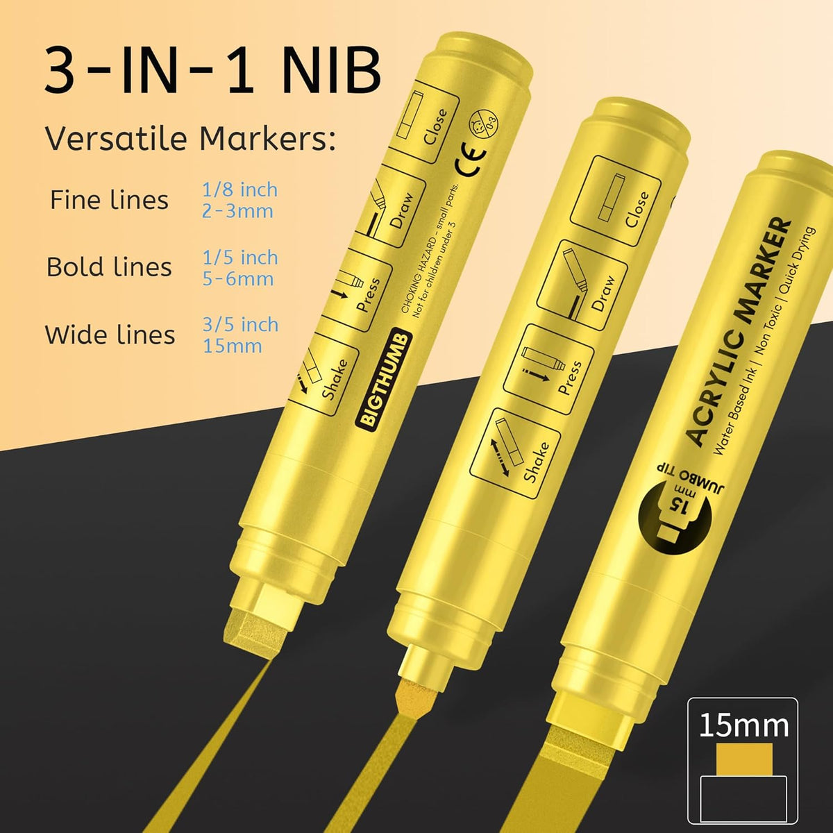 Jumbo Graffiti Poster Markers Set: 12 Metallic Colors Large 15mm Wide Tip Permanent Ink Thick