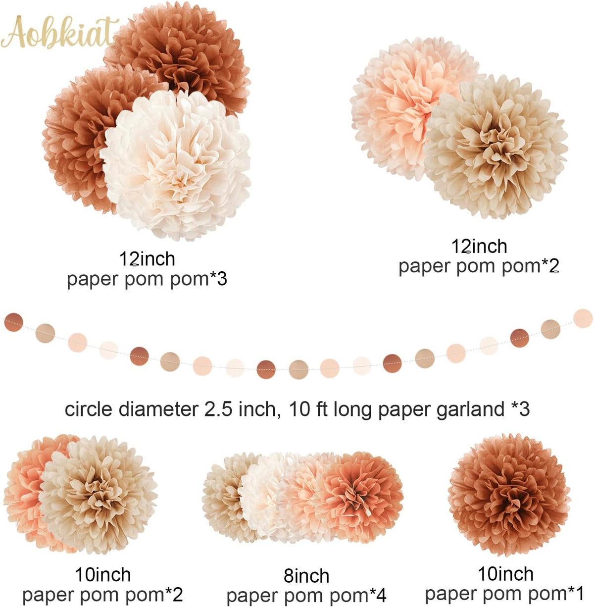 AOBKIAT Boho Fall Wedding Baby Shower Decorations,15PCS Brown Peach Tissue Paper Pom Poms,Circle