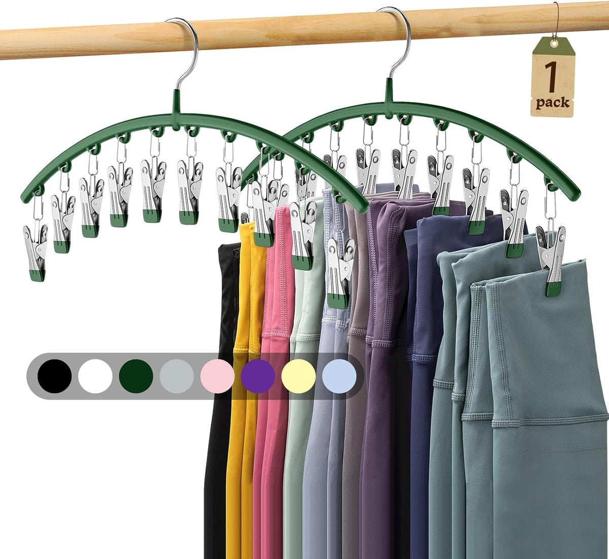 Legging Organizer for Closet, Metal Yoga Pants Hangers 1 Pack w/10 Clips Holds 10 Leggings, Space