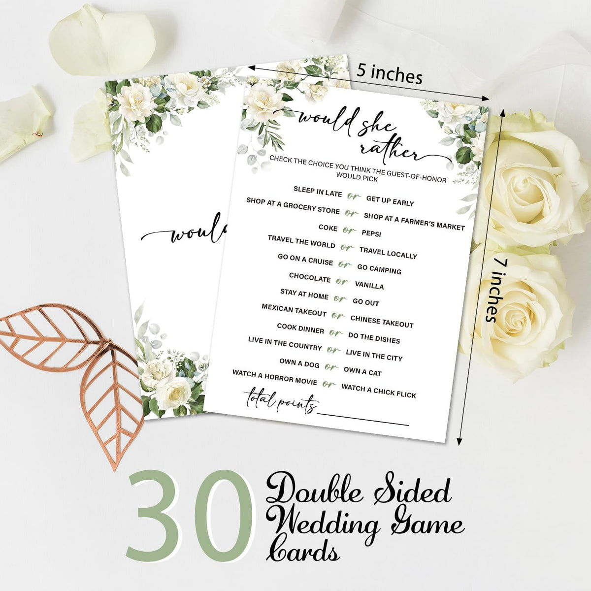Eucalyptus Bridal Shower Games 30 Guests, Would She Rould Bridal Games for Showers, White Rose