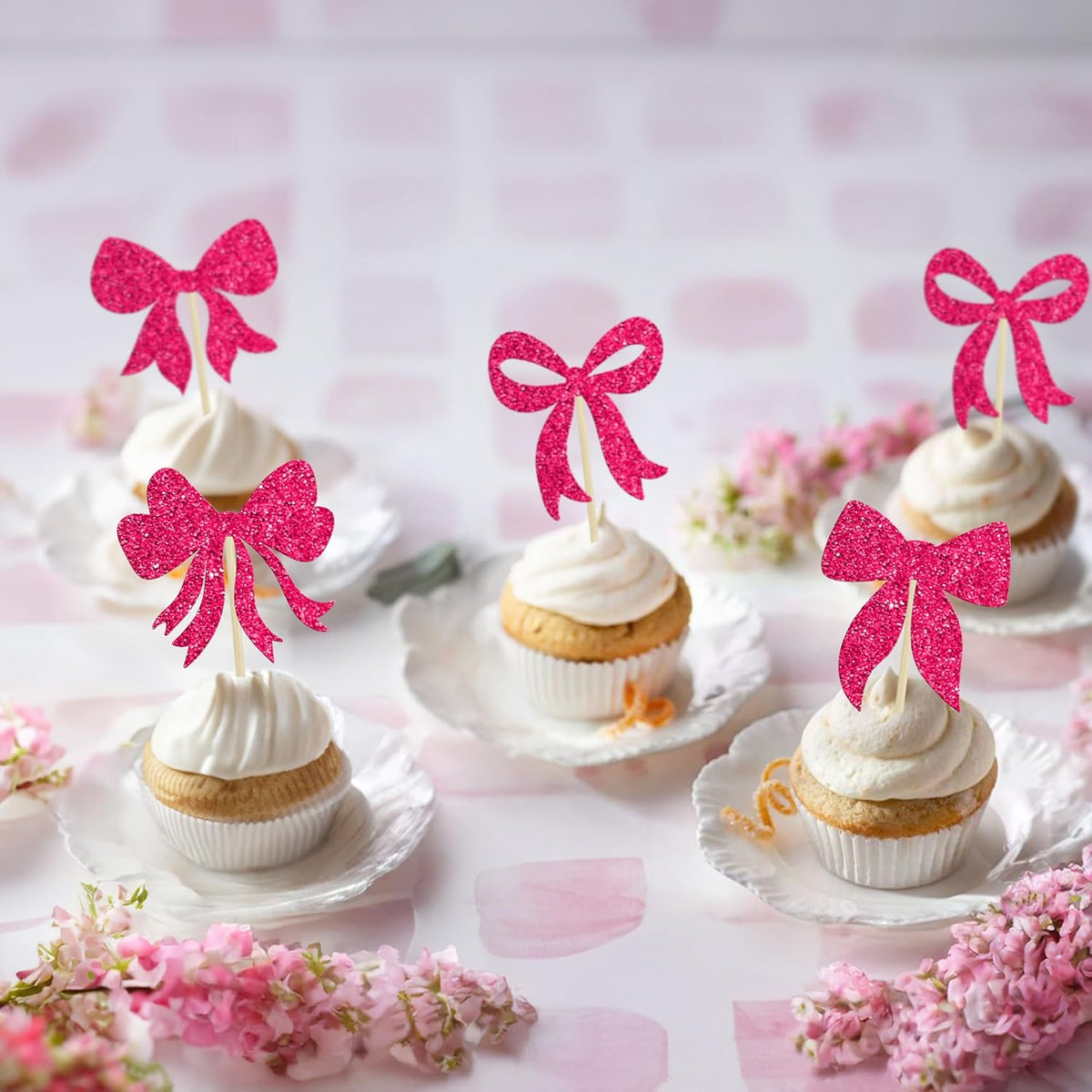 Gyufise 36Pcs Bow Cupcake Toppers Glitter Bowknot Cupcake Picks Bow Tie Birthday Decorations