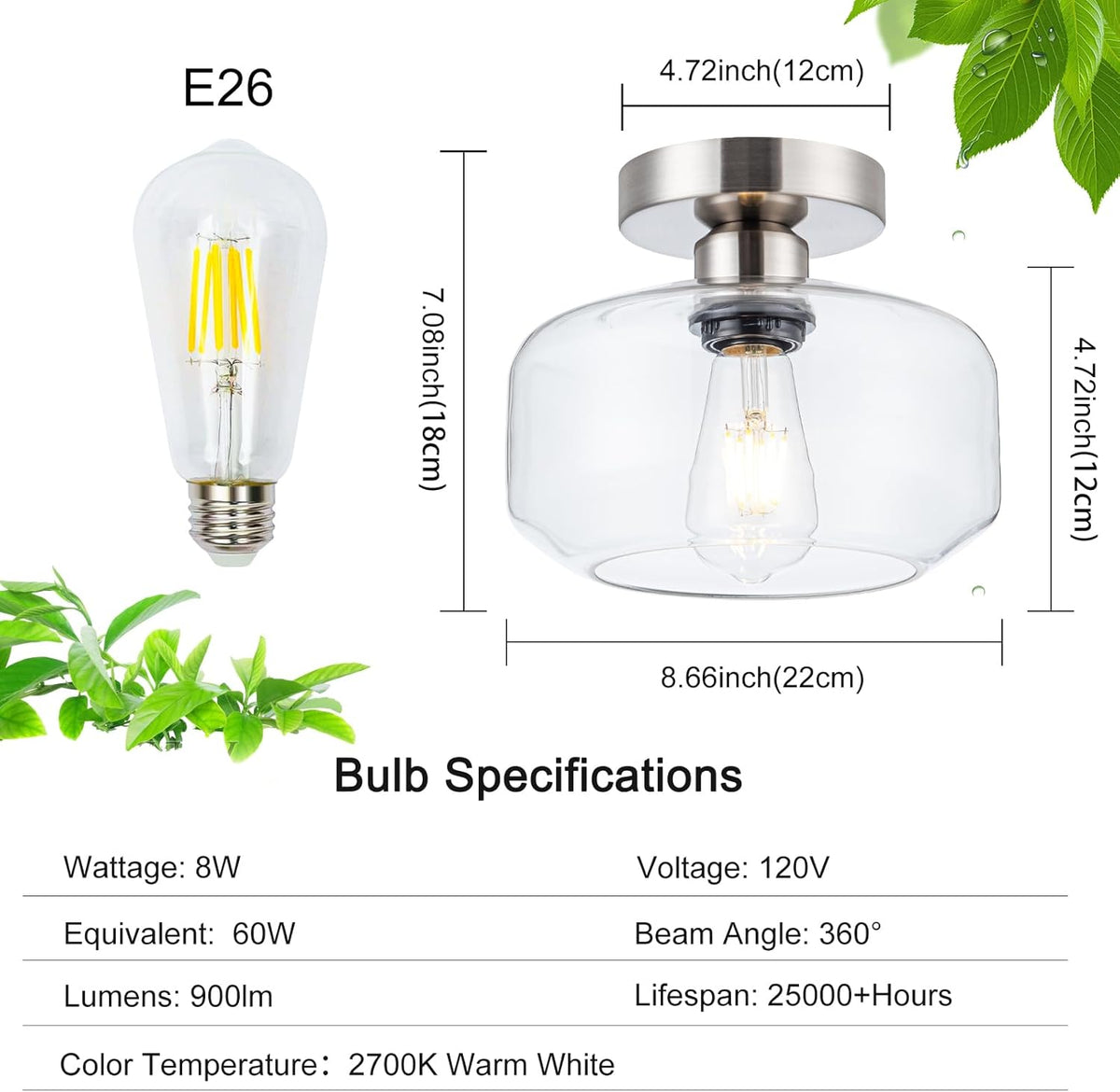 Semi Flush Mount Ceiling Light Fixture - Clear Glass & Brushed Nickel Base with 900 Lumen LED