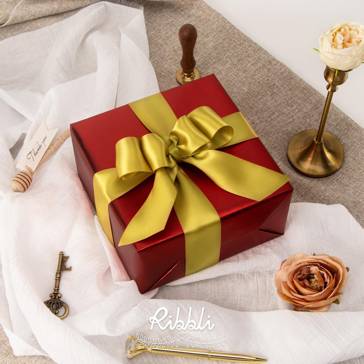 Ribbli Gold Double Faced Satin Ribbon,1-1/2” x Continuous 25 Yards,Use for Bows Bouquet,Gift
