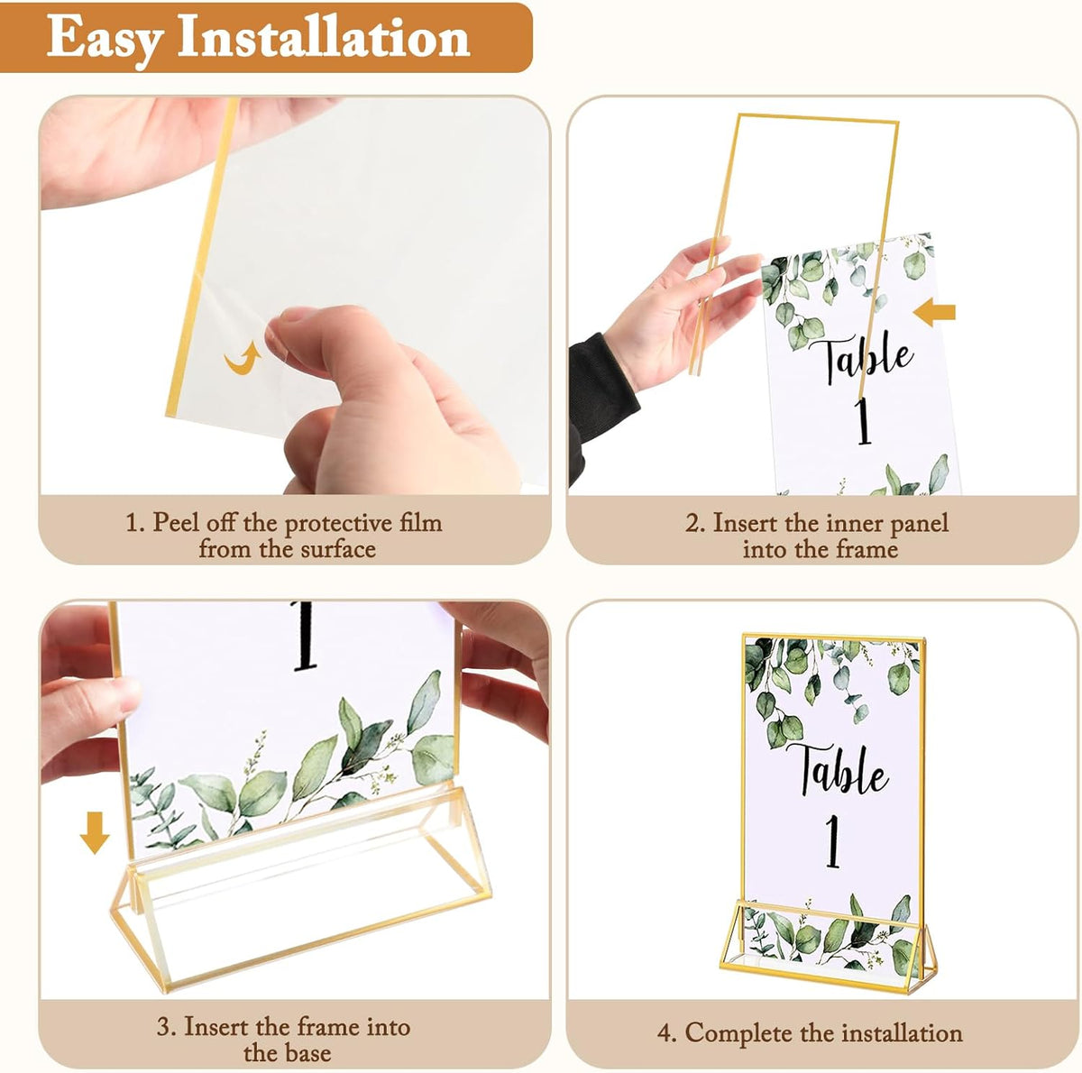 Floroom 6 Pack 4x6 Inch Clear Acrylic Sign Holders, Double-Sided Gold Display Stand Picture Frames