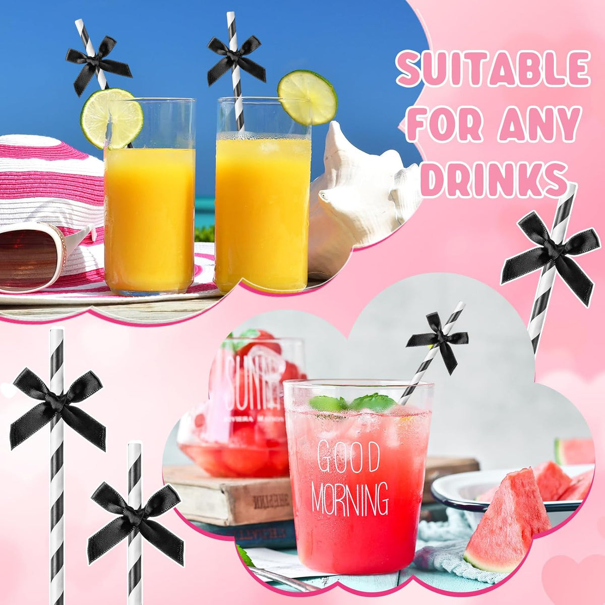 100 Pcs Black Bow Paper Straws for Drinking, Black and White Disposable Striped Paper Straw Bulk