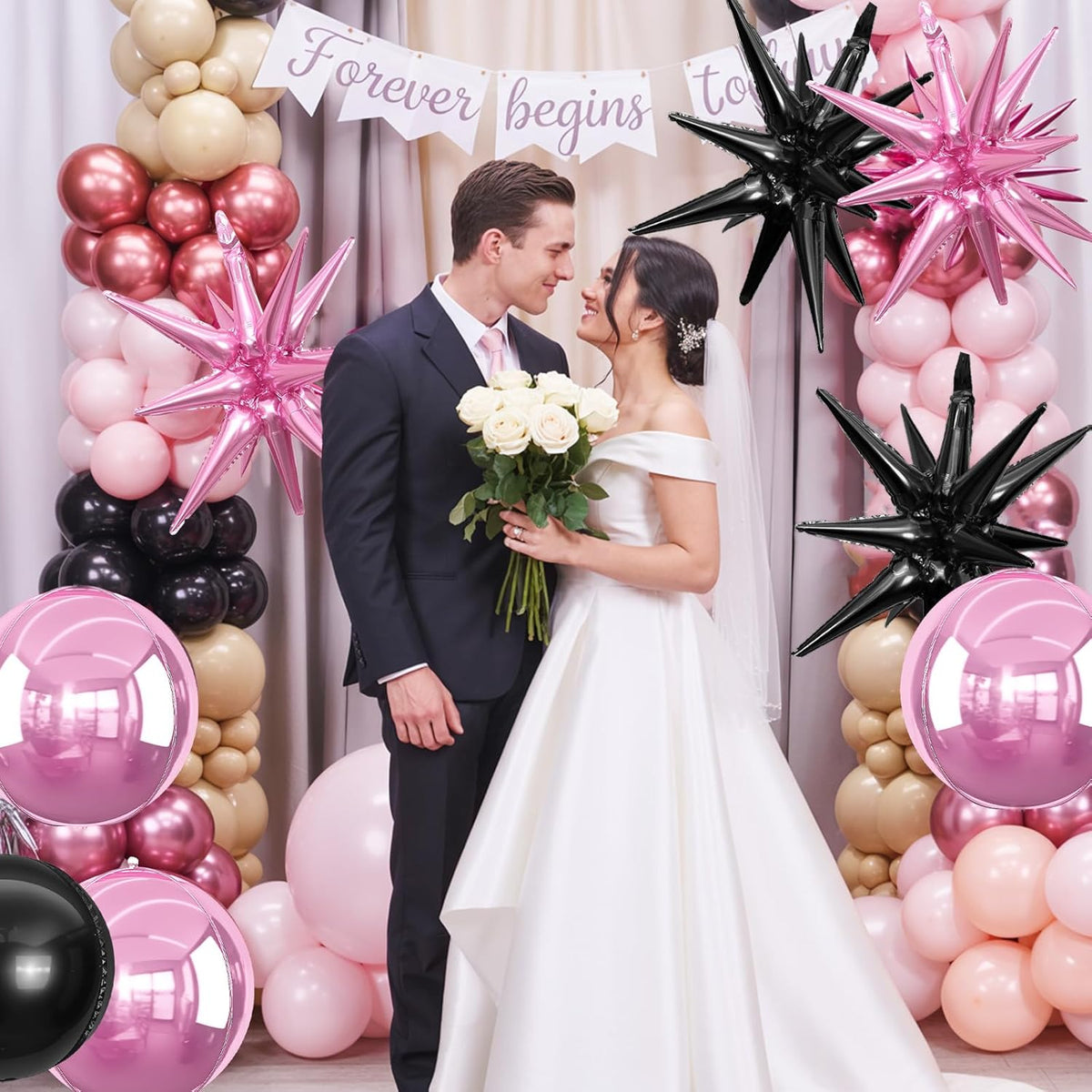 6Pcs Pink Black Foil Balloons,22Inch Black and Pink 4D Round Ball Balloon and Explosion Star