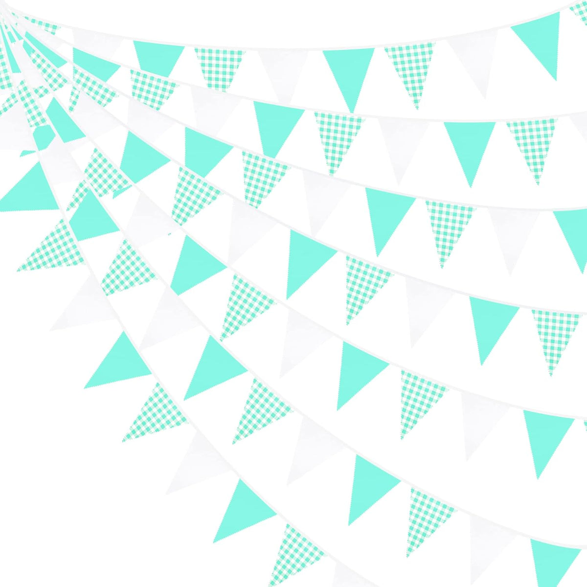 32Ft Aqua Green Plaid Checkered Party Banners Gingham Triangle Pennant Flag Bunting Fabric Garland