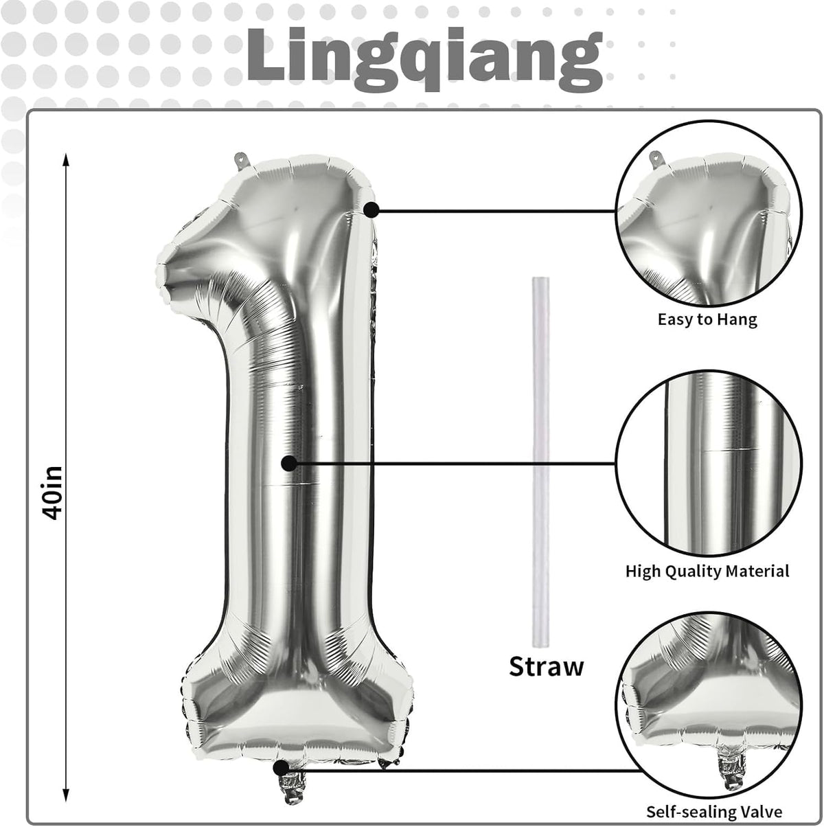 Silver 1 Balloon Number, 40 Inch Giant Helium Foil Number 0-9 for Boys Girls, Self Inflating 1st