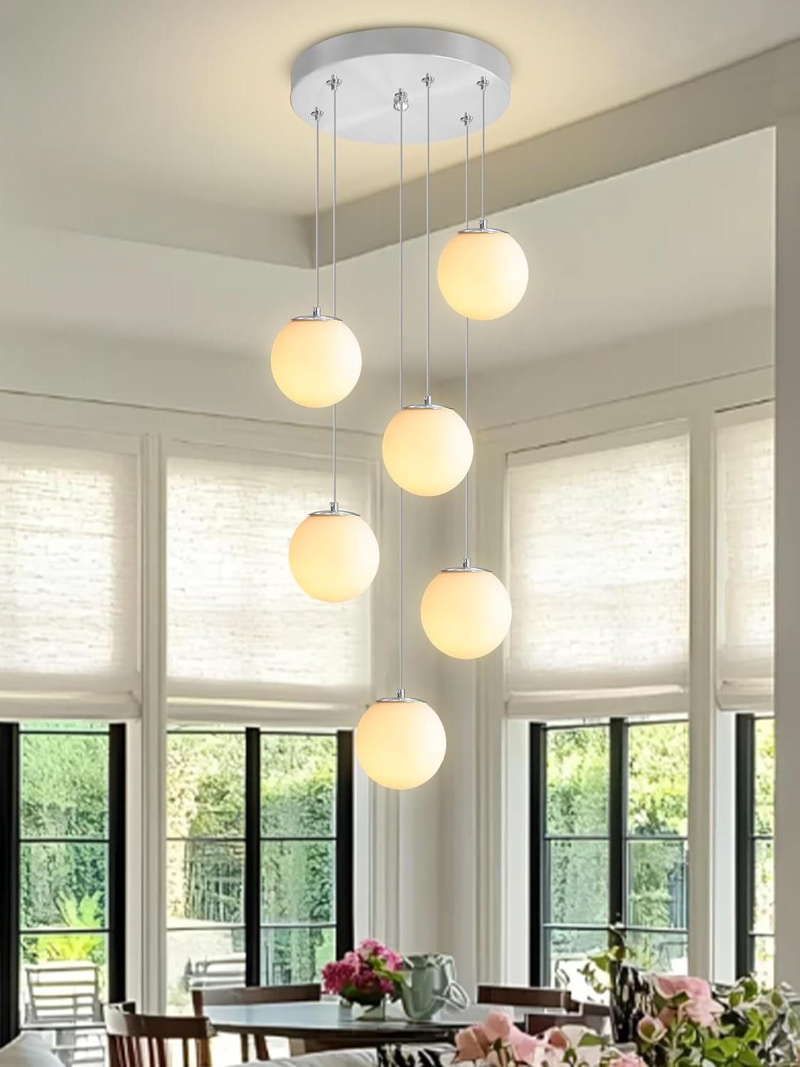 H 87in Globe Pendant Light 6-Lights Modern Hanging Chandelier for Kitchen Island Silver Globe