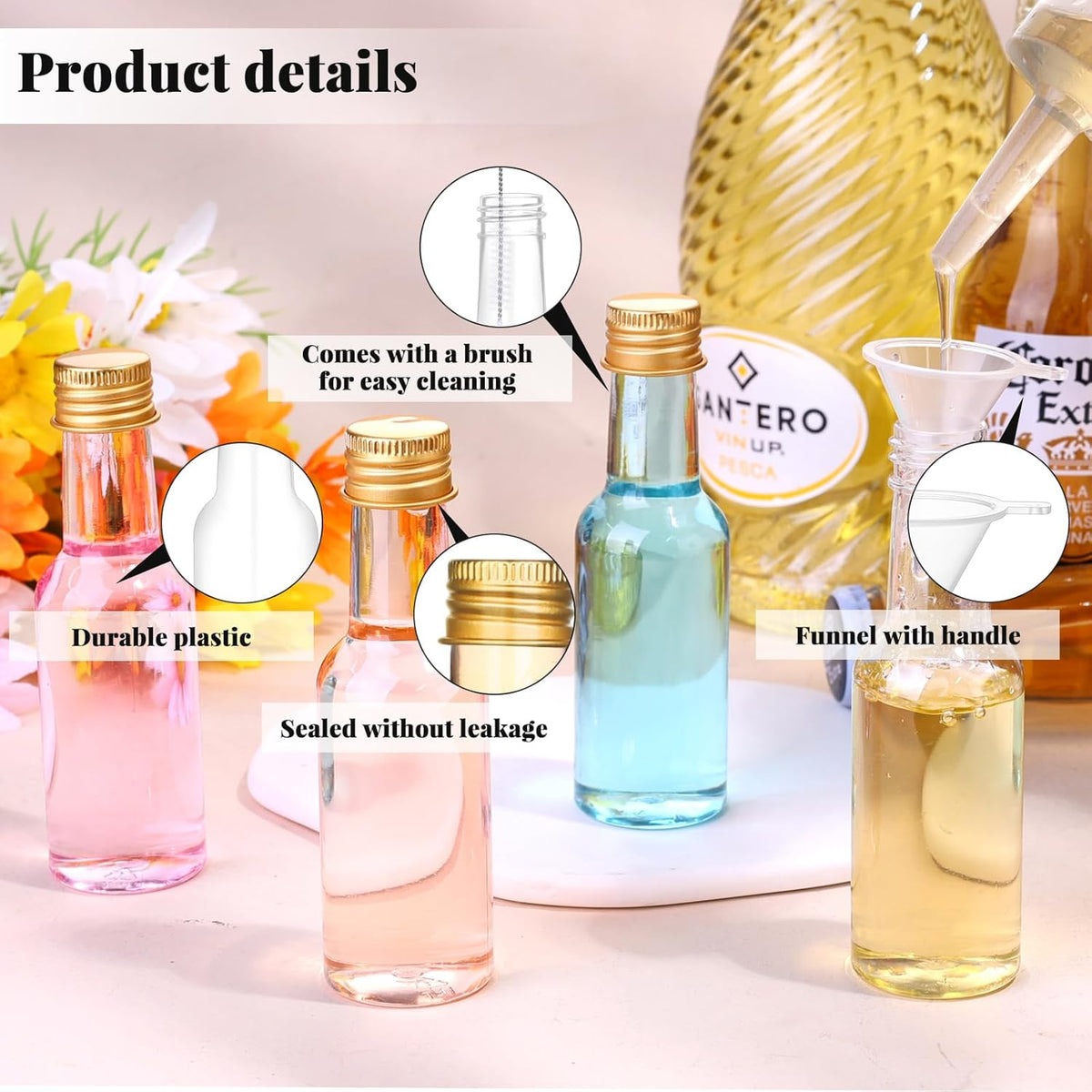 Dualshine 100 Pcs Mini Liquor Bottles, 1.7oz/50ml Shot Bottles with Gold Aluminium Caps, Reusable