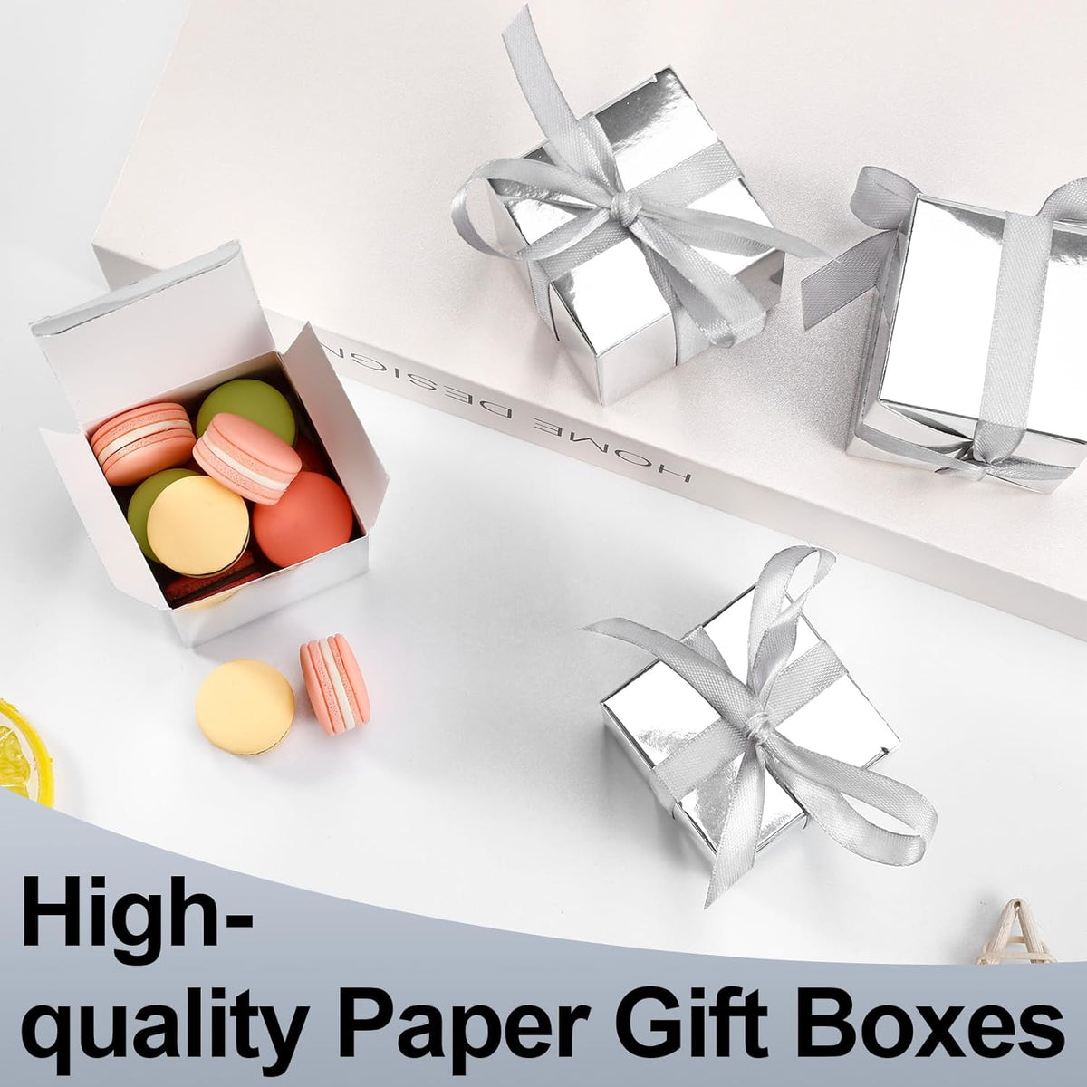 COCPOK 50 Pack Silver Gift Boxes, 2x2x2 inch Gift Box, Small Candy Boxes with Lids and Ribbons