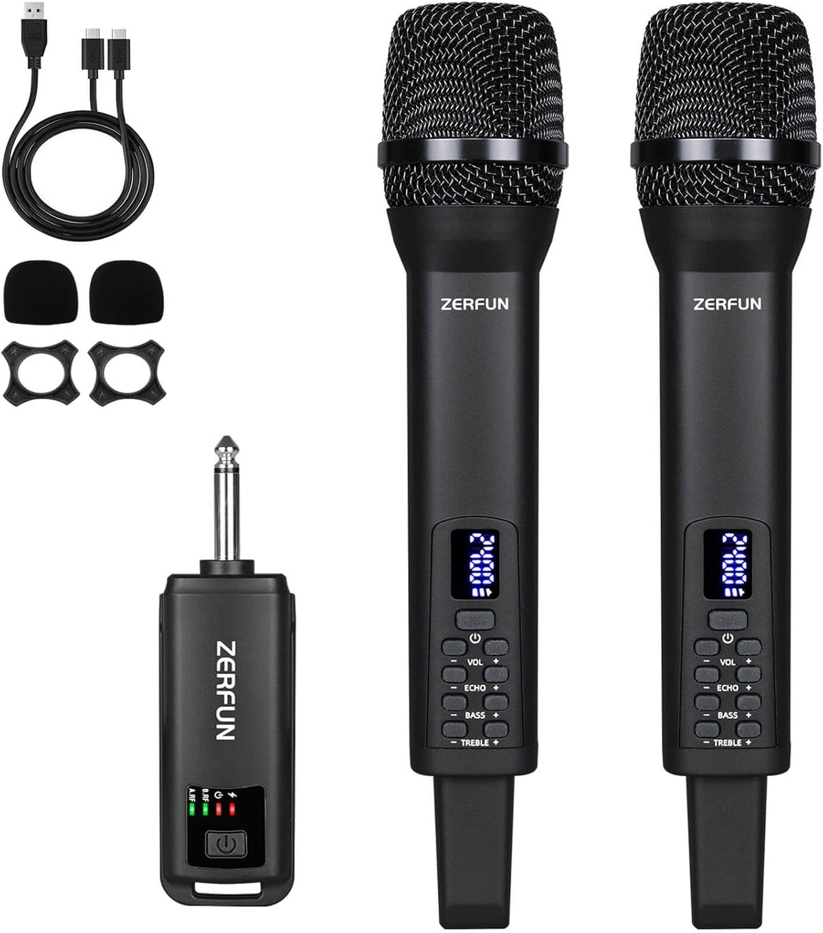 Dual Rechargeable Wireless Microphones, Pro Handheld Cordless Mics System with Echo Treble BASS VOL
