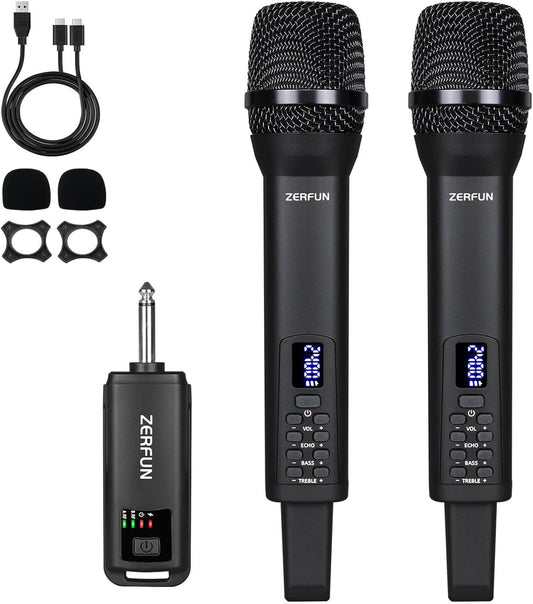 Dual Rechargeable Wireless Microphones, Pro Handheld Cordless Mics System with Echo Treble BASS VOL