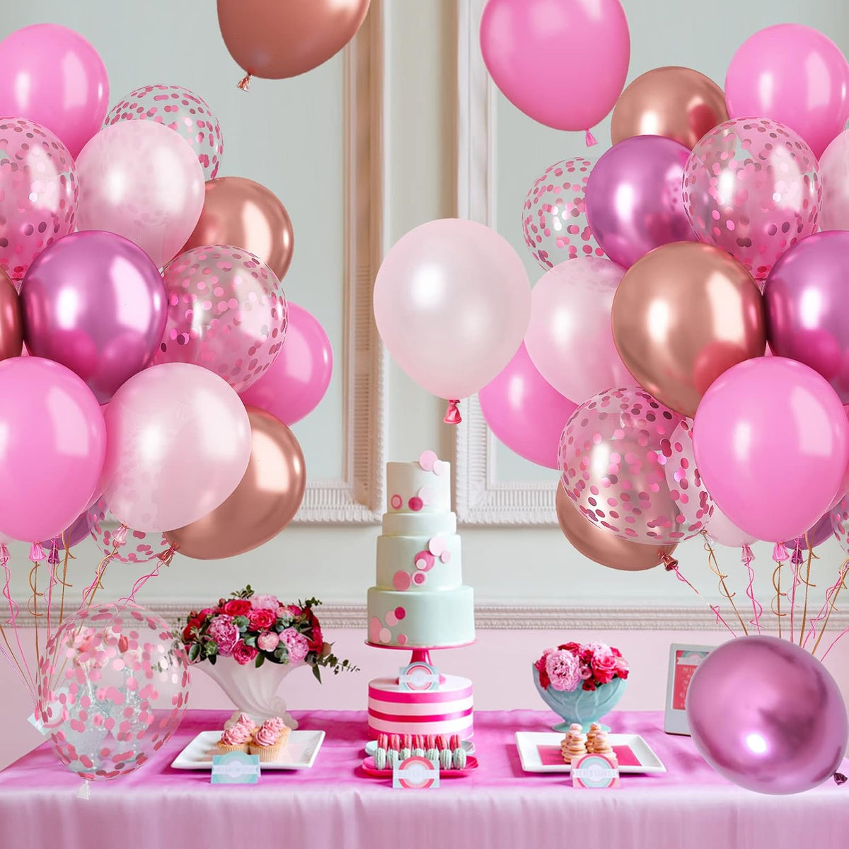 Paready Pink Confetti Balloons, 60 Pcs 12 Inch Metallic Red Rose Gold and Pink Latex Confetti