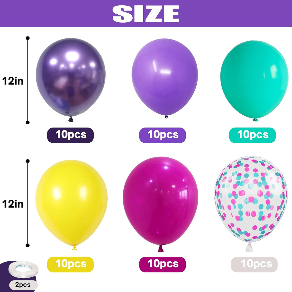 Togvu Pink Blue Purple Balloon, 60 Pcs 12 Inches Hot Pink Metallic Purple Teal Yellow Balloons