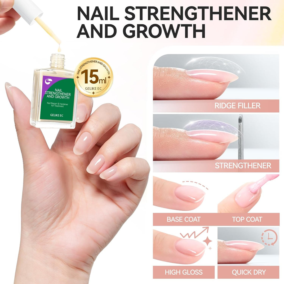 Nail Polish Strengthener and Growth Treatment: Apricot 15ml Gelike EC 6 in 1 Natural Nail Hardener